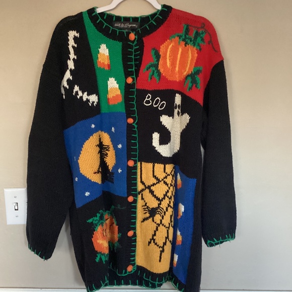 Work In Progress Sweaters Vtg Work In Progress Hand Knit Halloween Sweater Cardigan Large